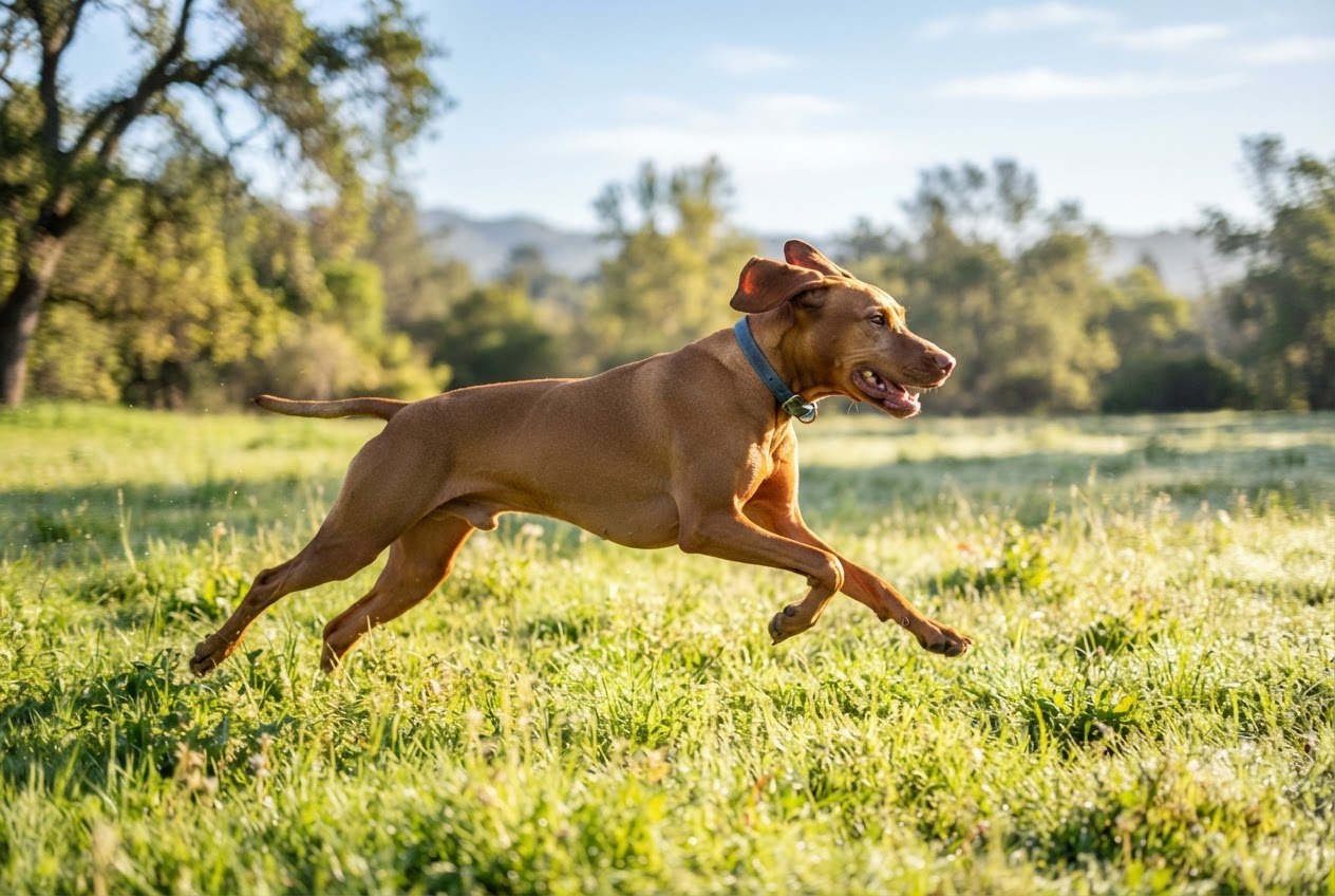 Cane attivo che corre sull'erba mostrando una buona muscolatura e vitalità