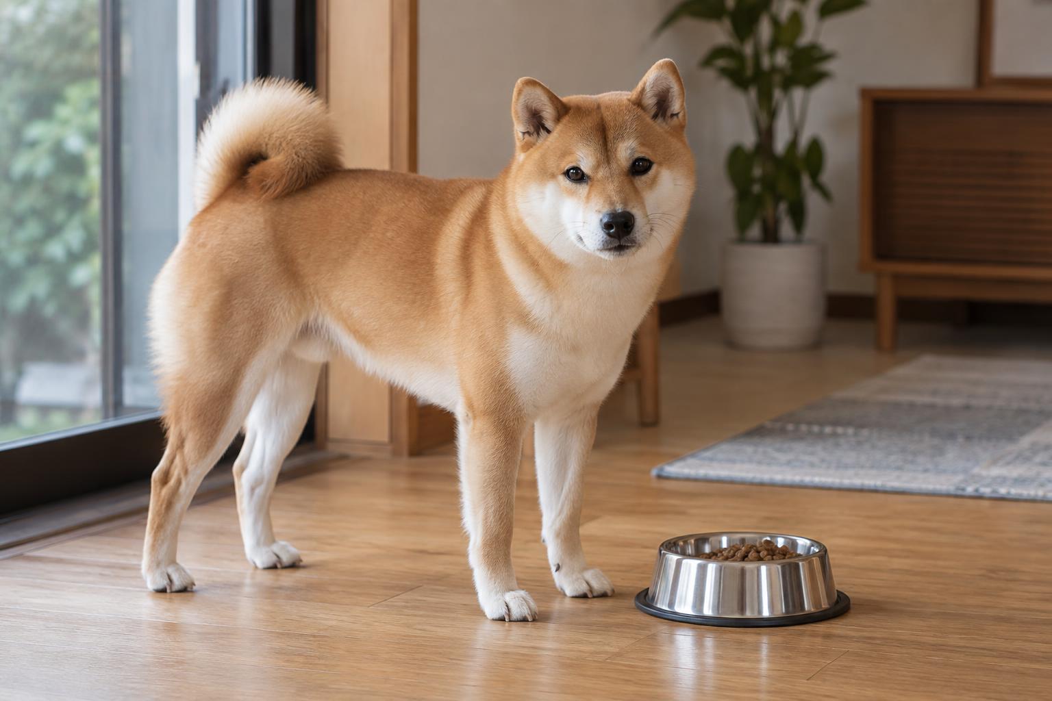 明るい室内で、適量のドライフードを入れた食器のそばに立つ成犬の柴犬