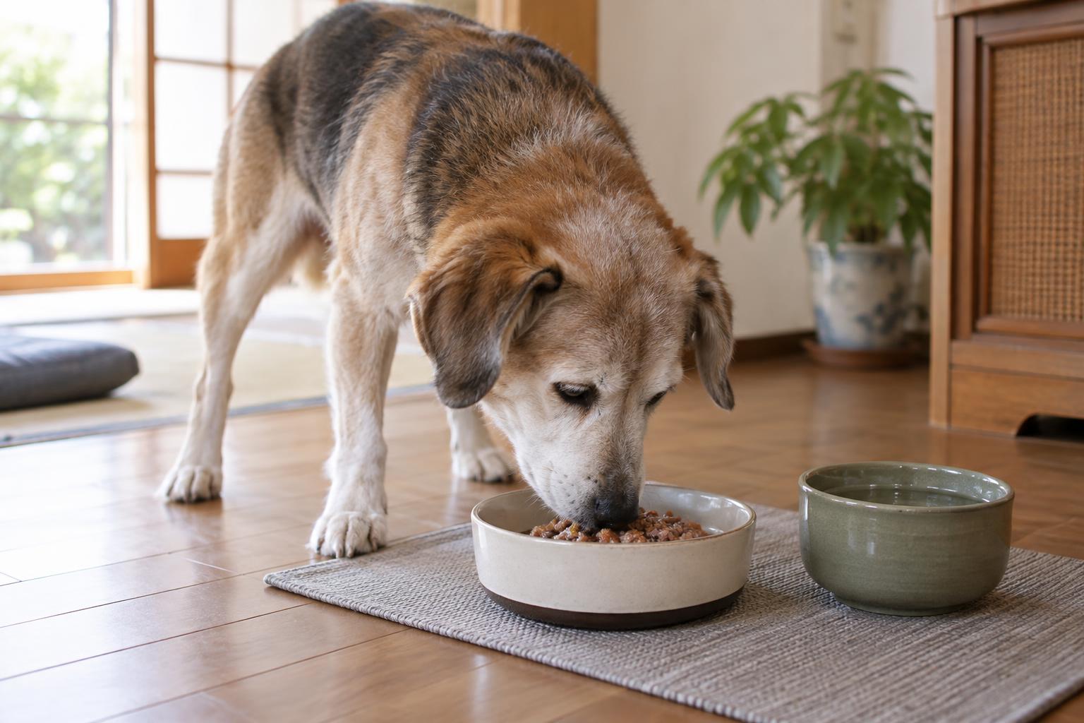 静かな室内で、浅い食器からウェットフードを食べるシニア犬