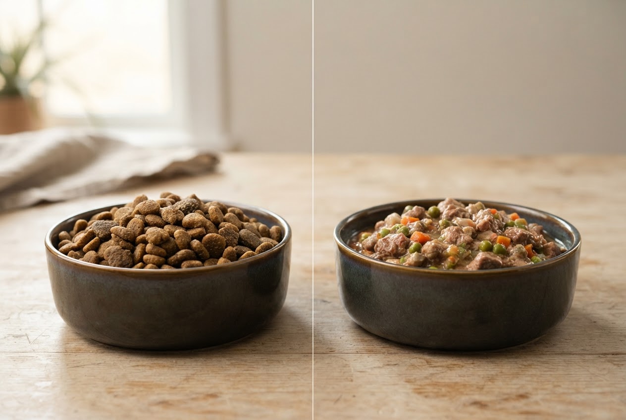 ドライフードとウェットフードがそれぞれ綺麗に盛り付けられた2つのペット用食器
