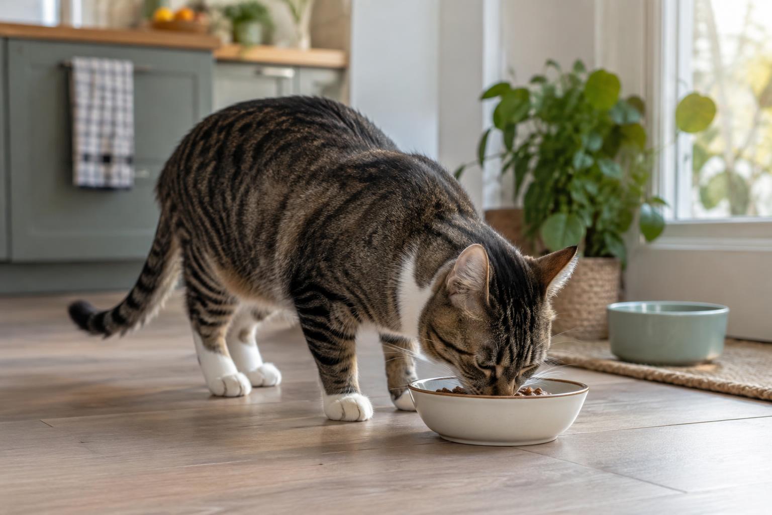 Volwassen kat eet een afgemeten portie voer uit een ondiepe voerbak.