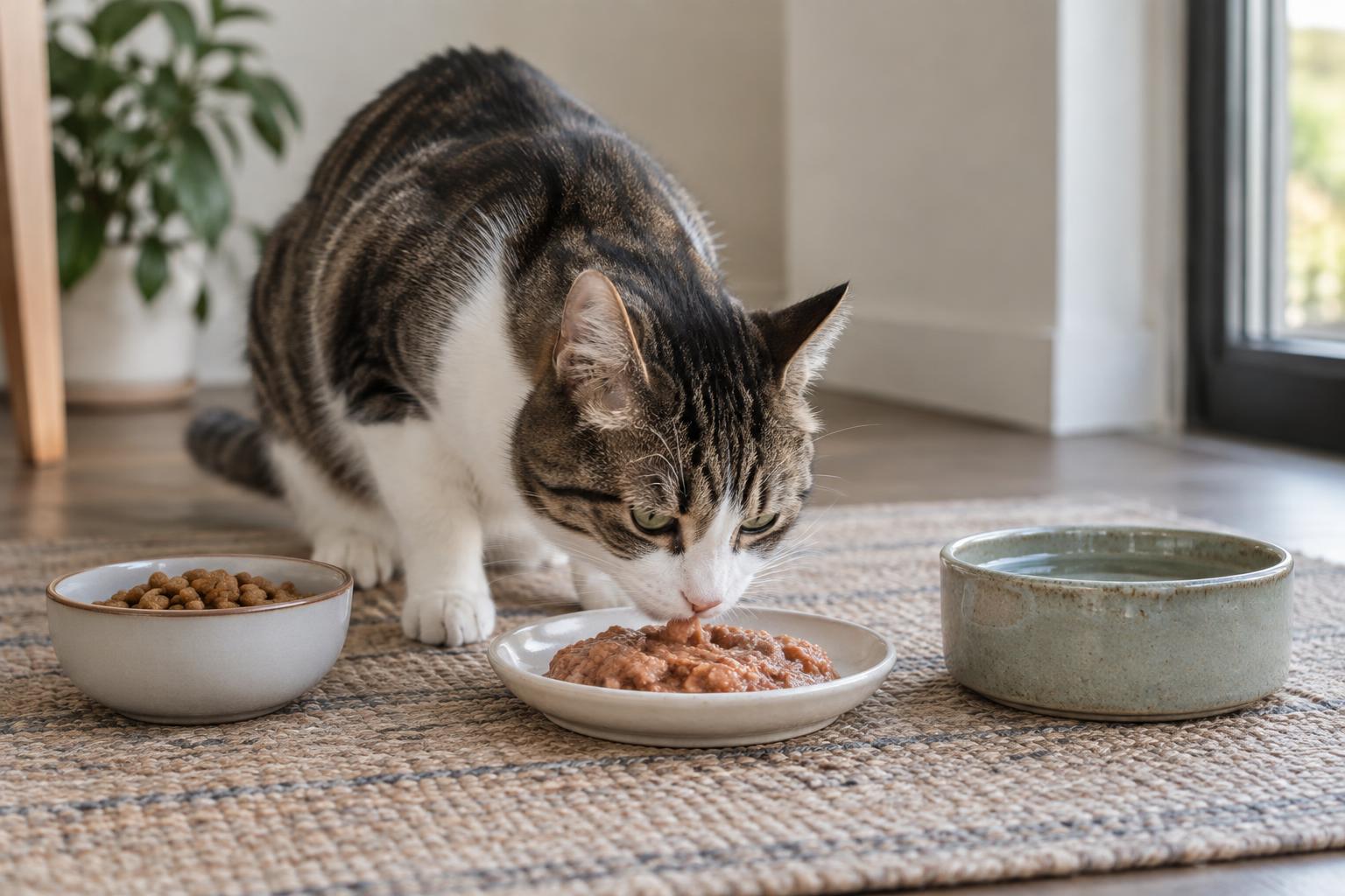 Kat bij natvoer, met daarnaast een kleine portie brokjes en een waterbak.