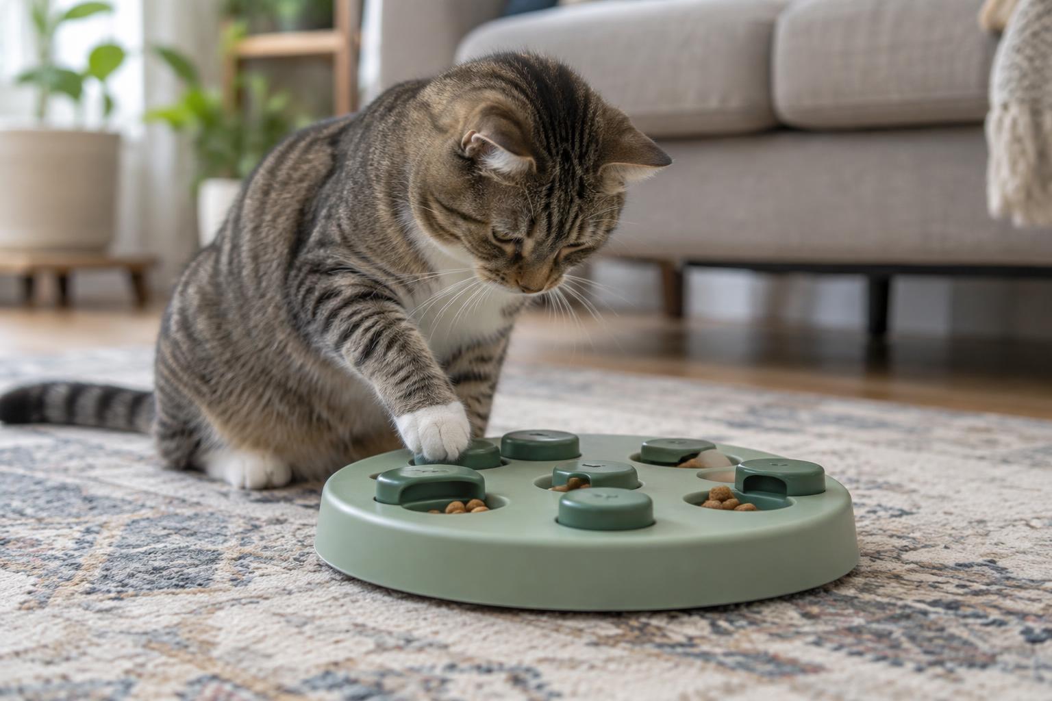 Kat zoekt brokjes in een eenvoudige voerpuzzel op de vloer.