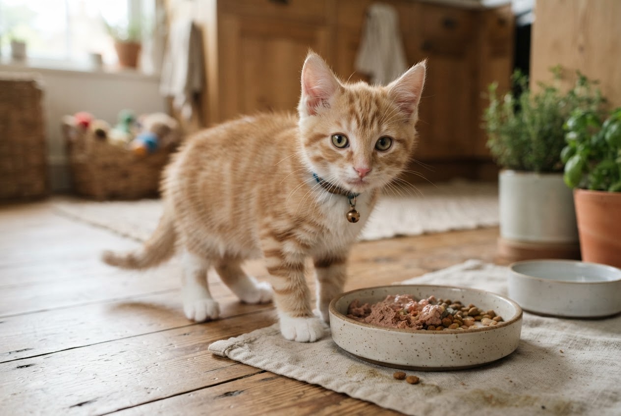 Vier maanden oude kitten kijkt op van een bakje met gemengd kittenvoer