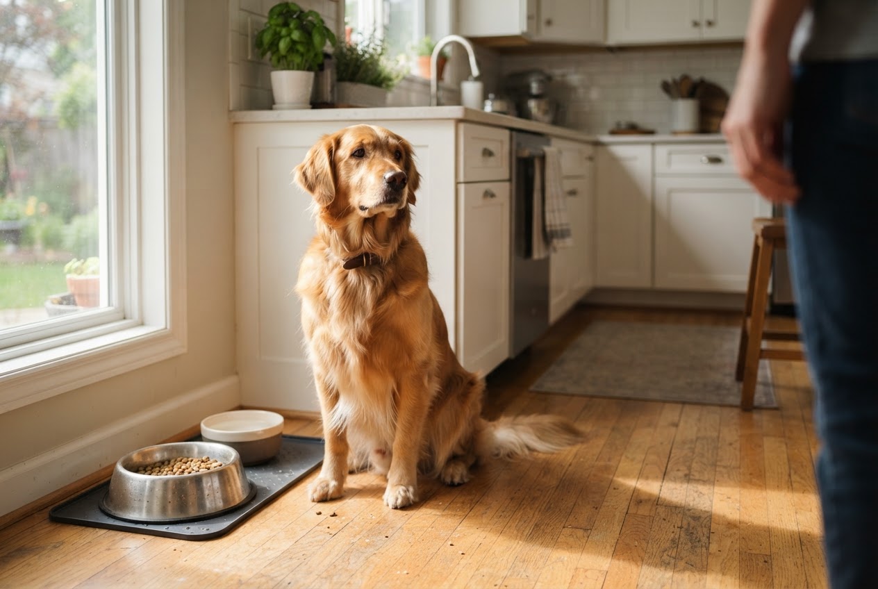 Zdrowy pies rasy golden retriever z lśniącą sierścią siedzący przy misce