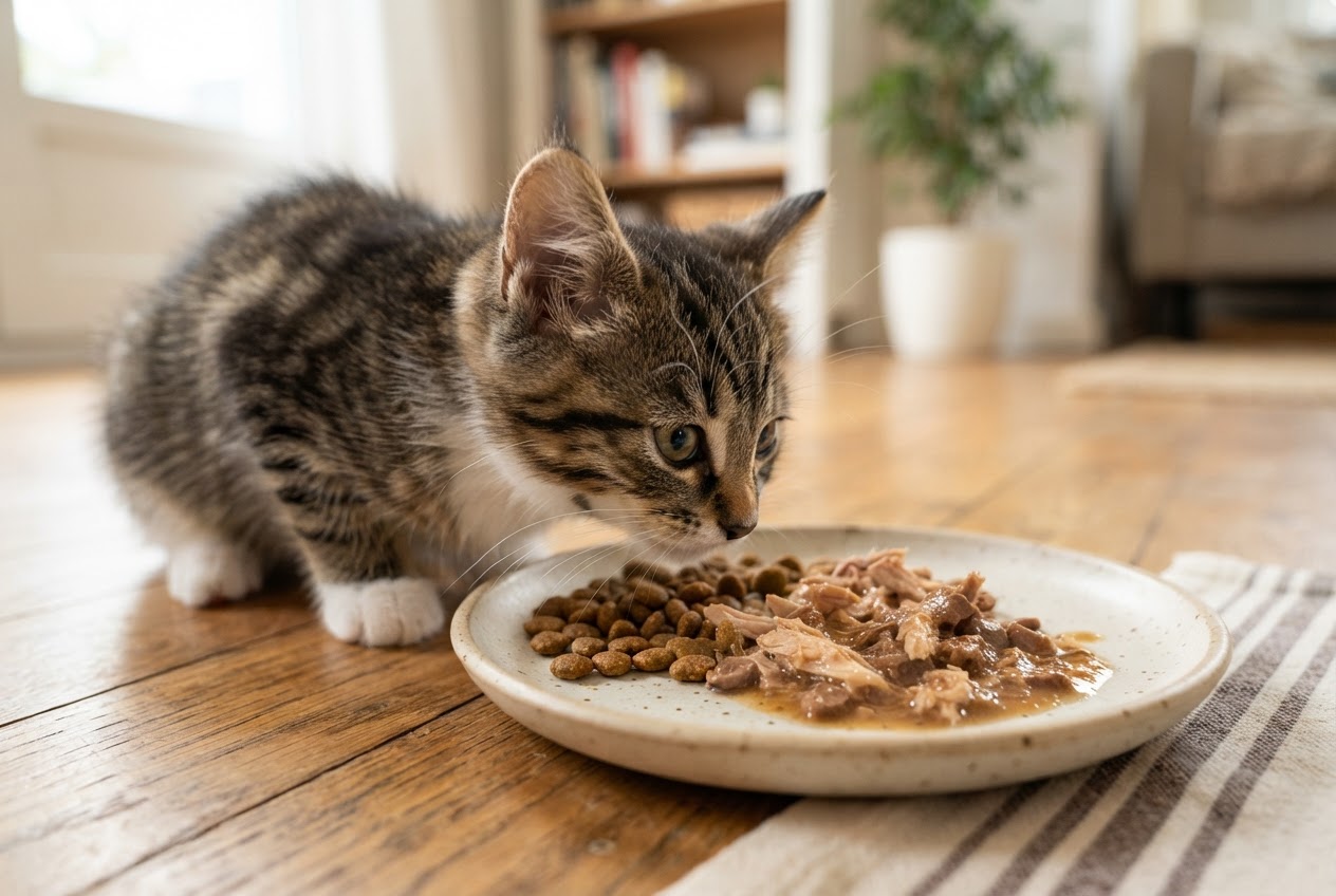 Filhote de gato curioso diante de um prato com ração seca misturada a ração úmida em pedaços.