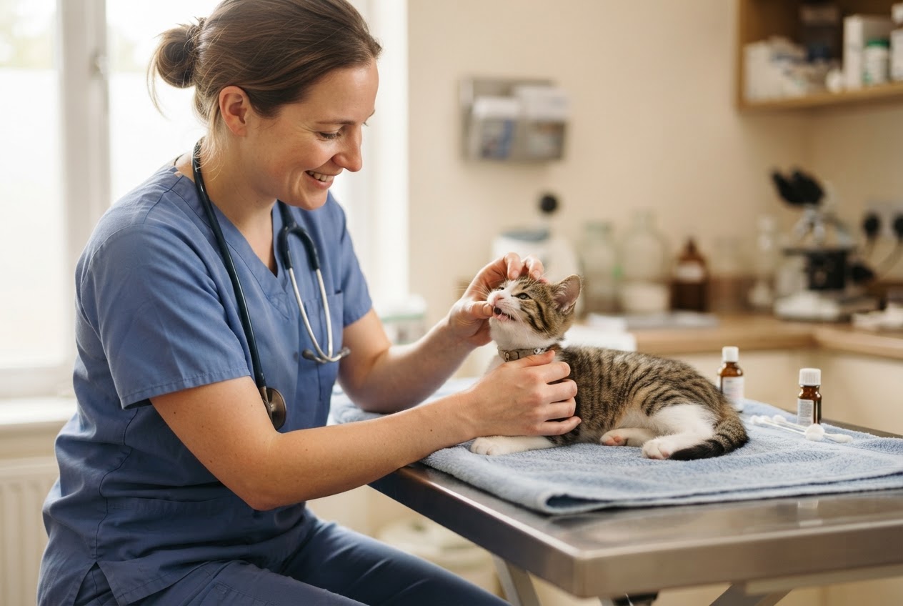 Médica-veterinária realizando exame físico cuidadoso em filhote de gato sobre mesa de atendimento.