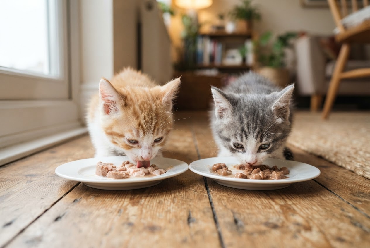 Dois filhotes de gato comendo alimento úmido em pratinhos baixos