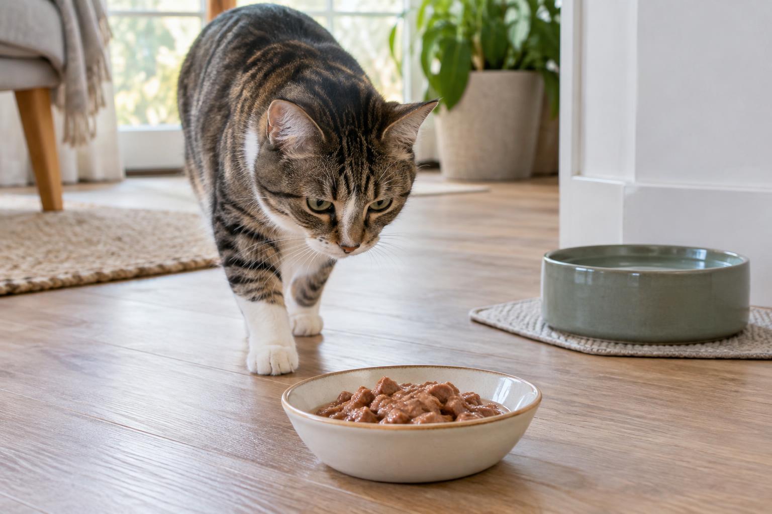 Gato se aproximando de um prato com alimento úmido, com água disponível ao fundo.