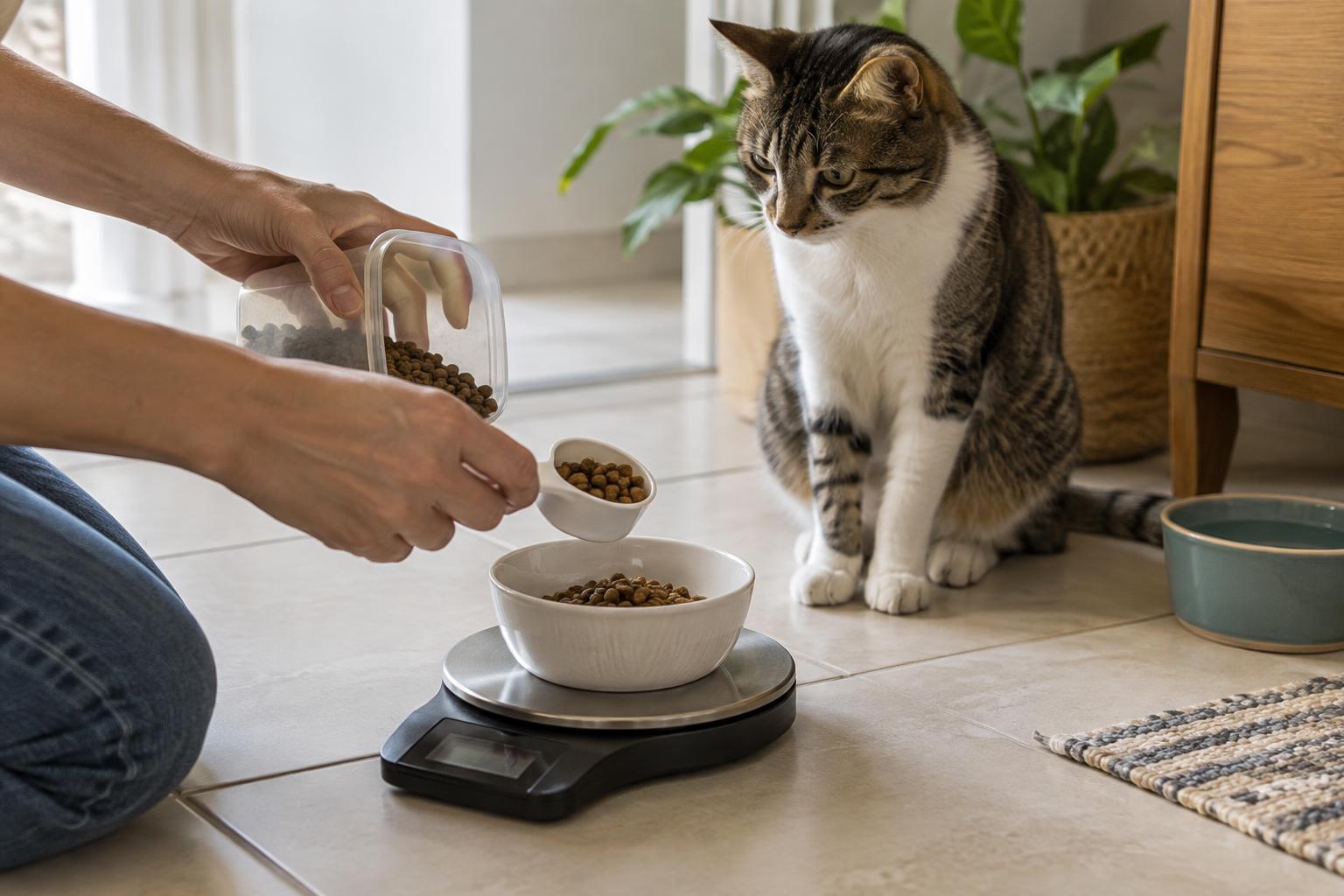 Pessoa pesando a porção de ração em uma balança de cozinha enquanto o gato espera.