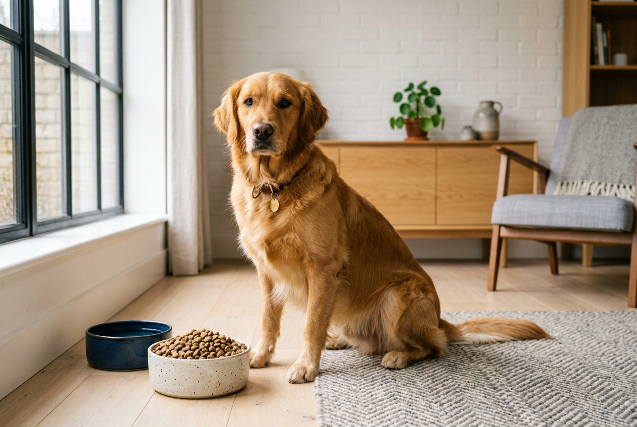 En frisk hund sitter bredvid en skål fylld med hundmat torrfoder i ett ljust hem