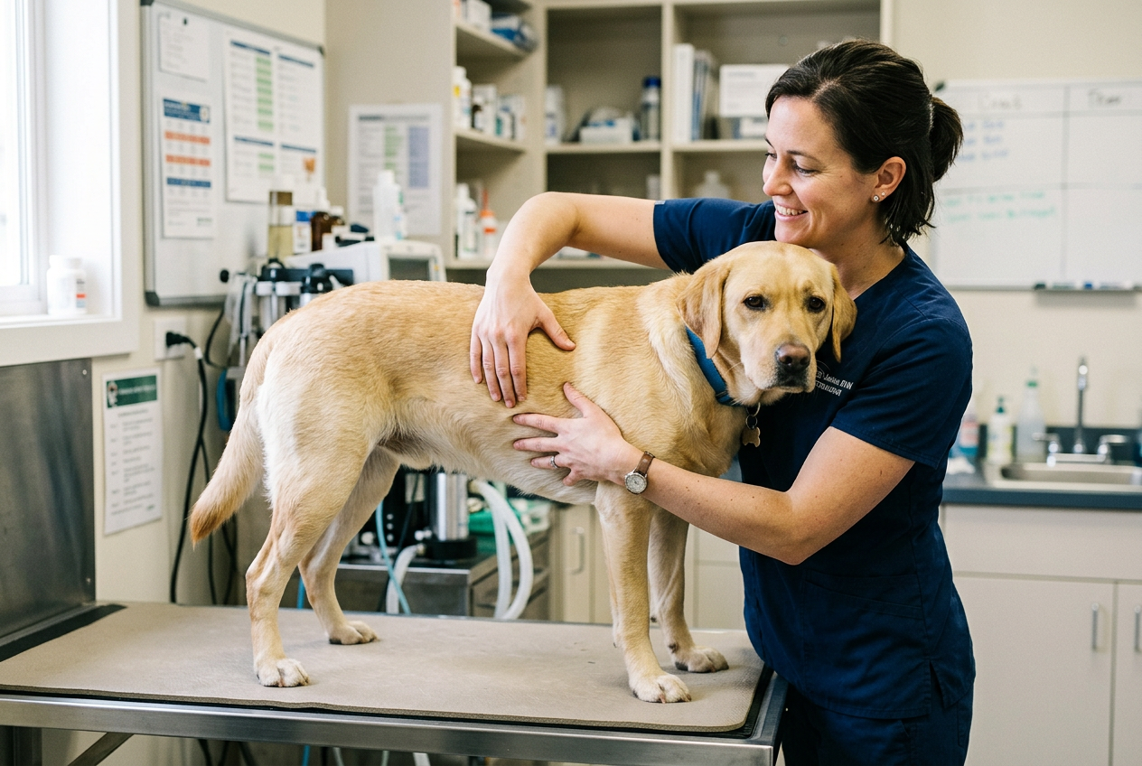 En veterinär undersöker hundens hull och revben vid en hälsokontroll