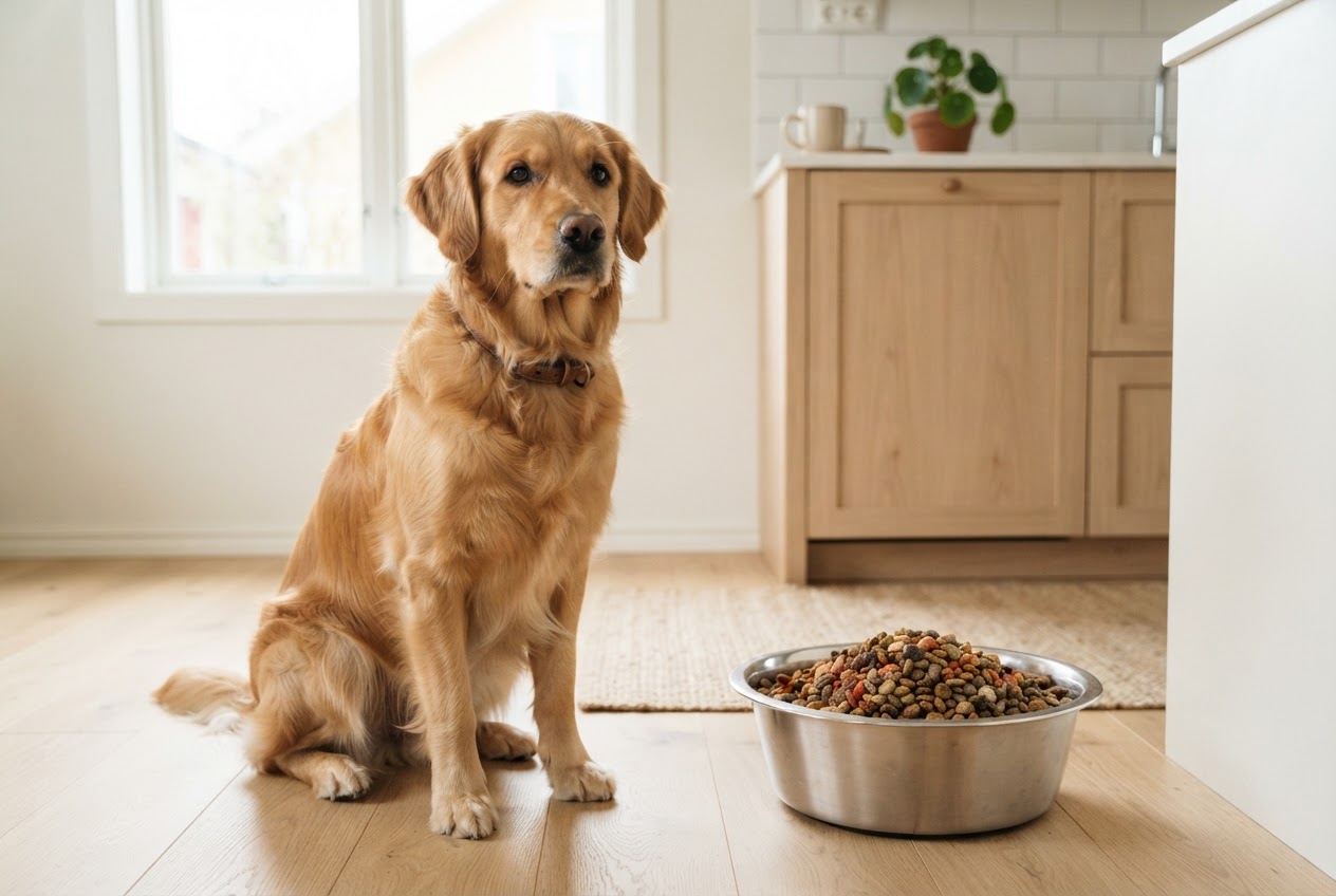 En hund som sitter bredvid en matskål med torrfoder på ett ljust trägolv.