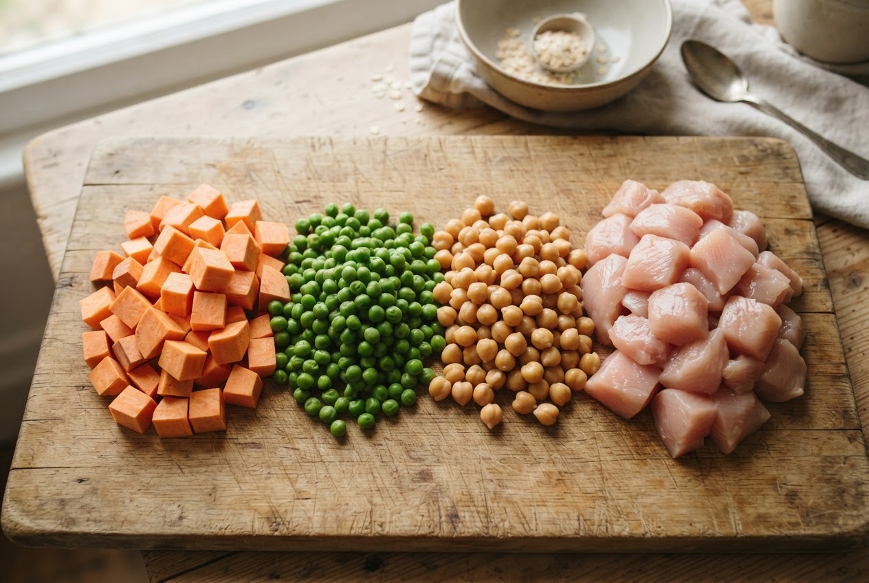 Ingredienser till hundfoder bestående av sötpotatis, ärtor och kött på en träskärbräda.