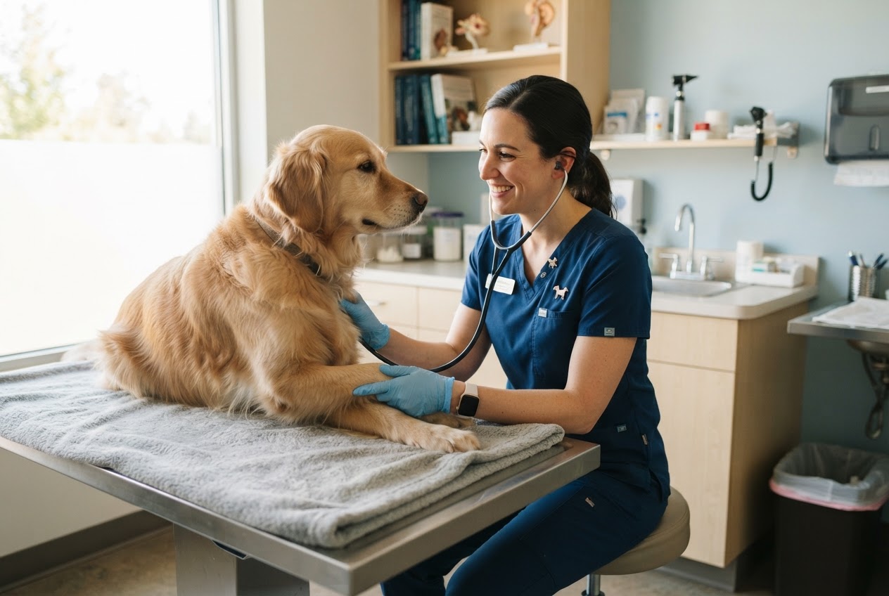 En veterinär undersöker en hund på en veterinärklinik i lugn miljö.
