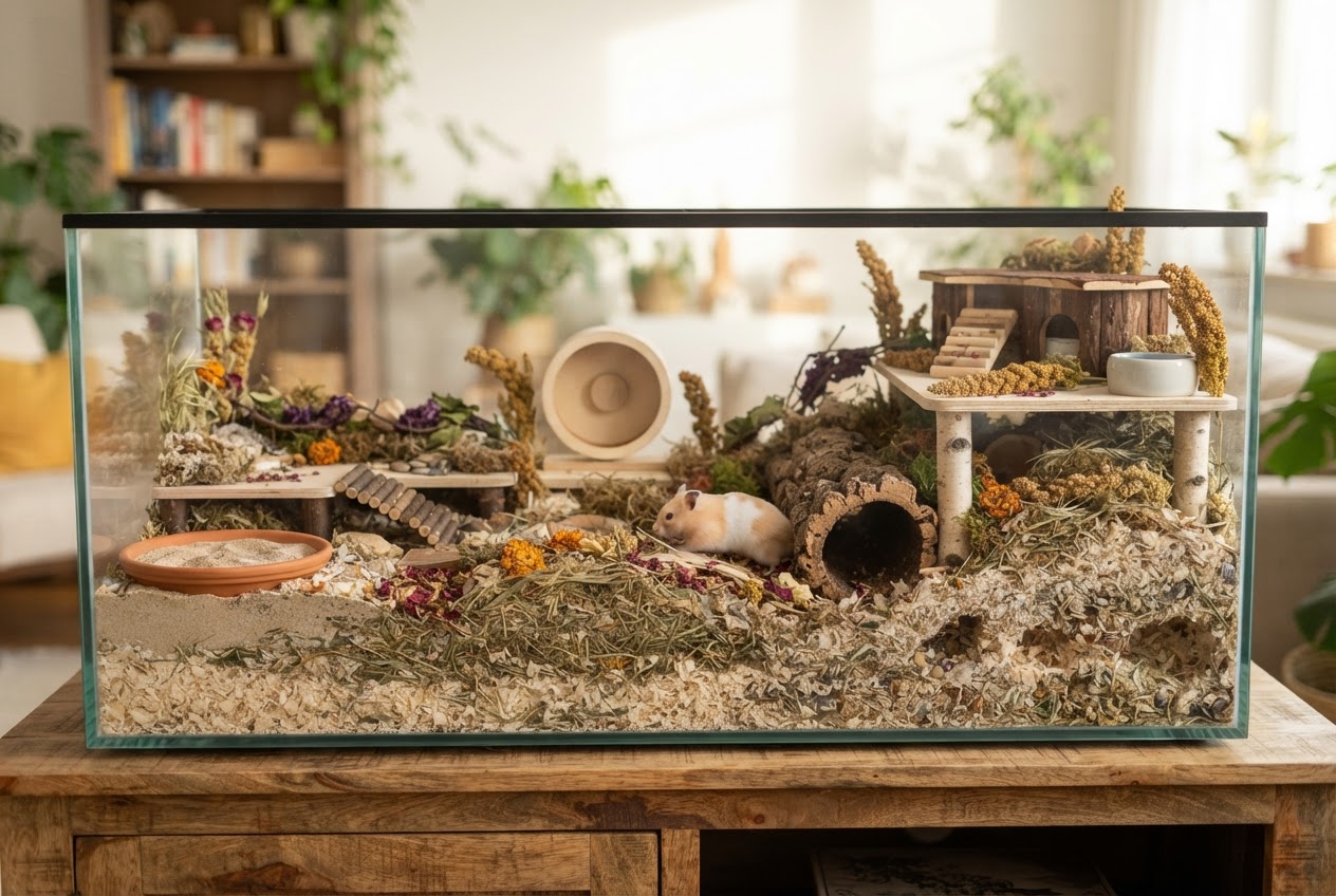 Taban malzemesi derinliği 30 santimetreye ulaşan modern bir cüce hamster yaşam alanı