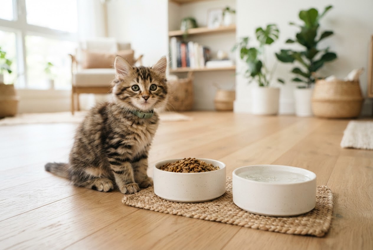 Mèo con ngồi cạnh bát hạt khô và bát nước sạch