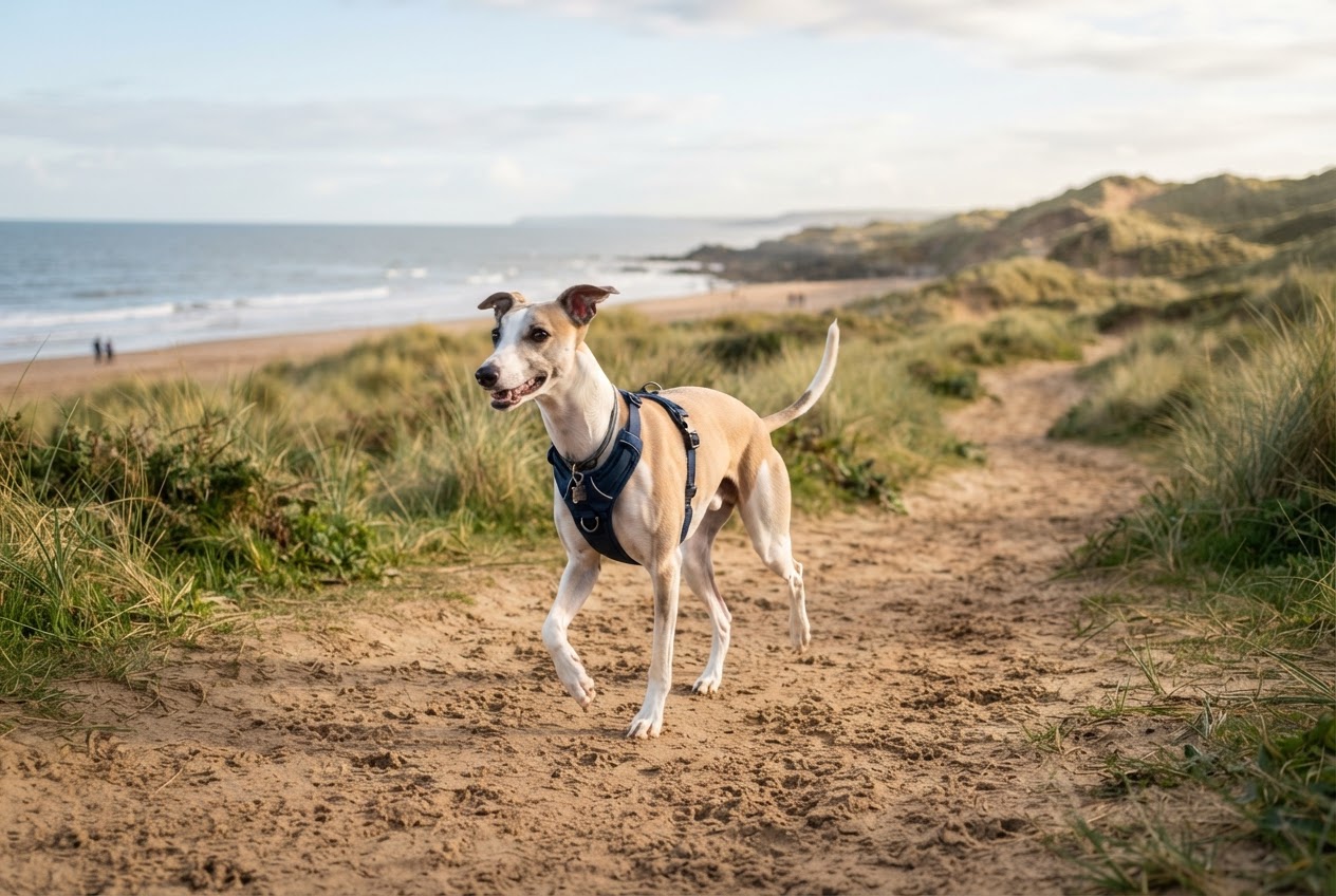 A smooth-coated Whippet exercising outdoors with healthy natural posture