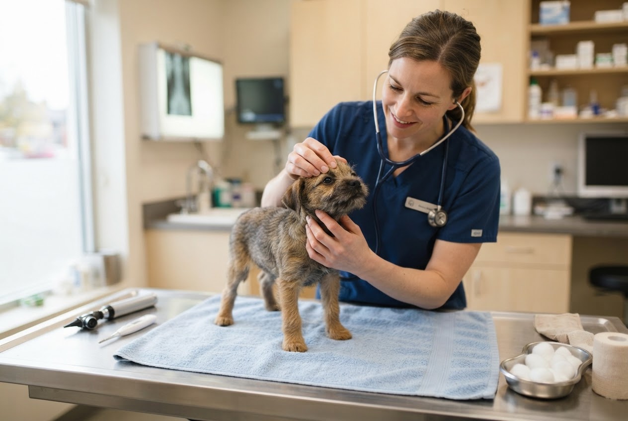 A veterinary professional performing a routine wellness check on a healthy wire-haired terrier