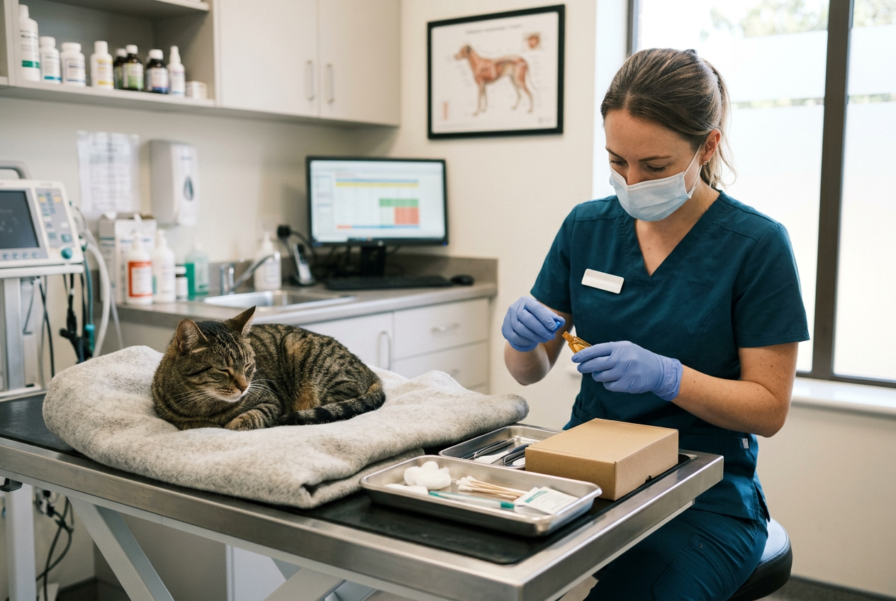 A tabby cat resting on a consultation table next to preventative parasite treatment supplies.