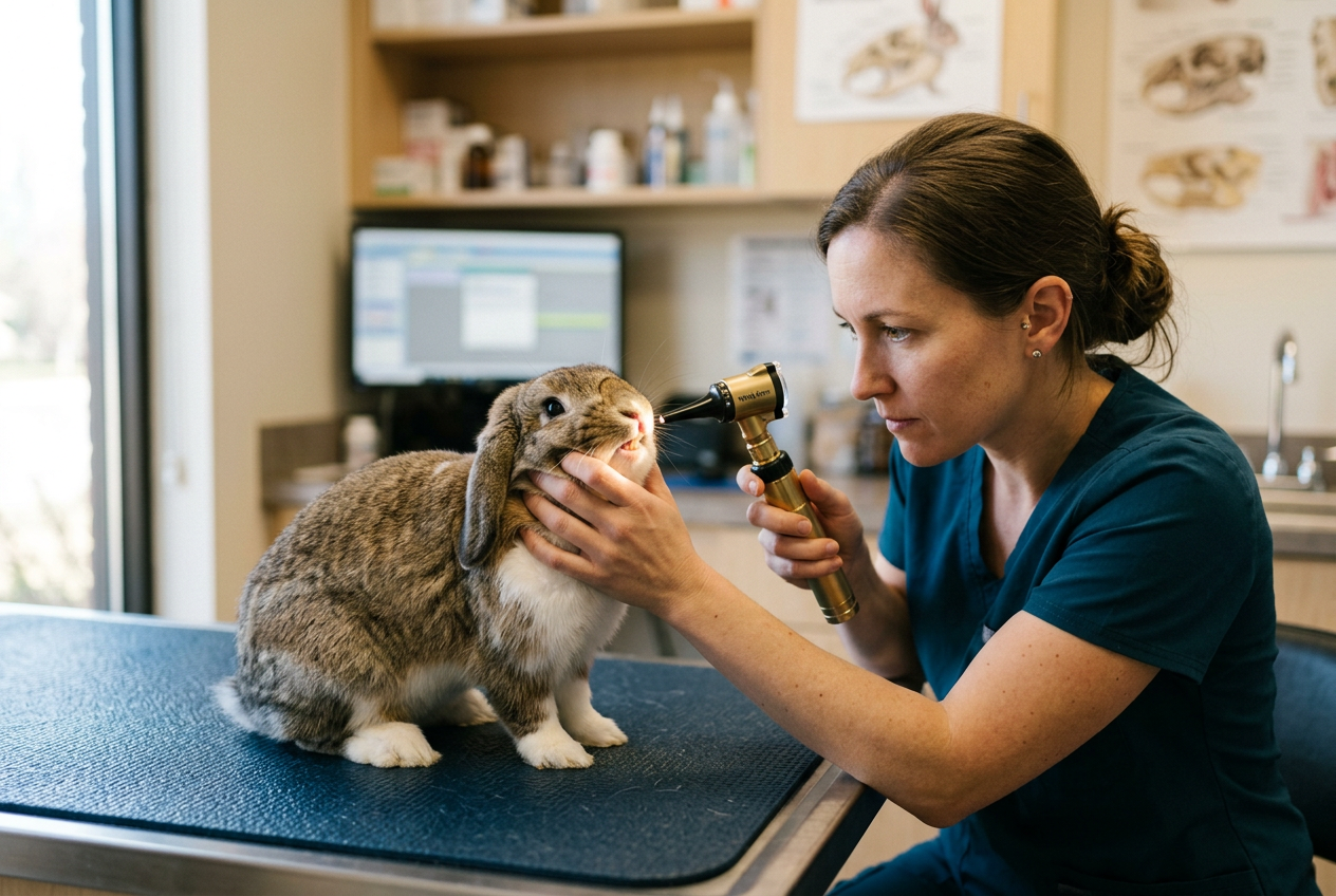 A veterinary professional carefully checking the teeth of a domestic rabbit during a routine check-up.
