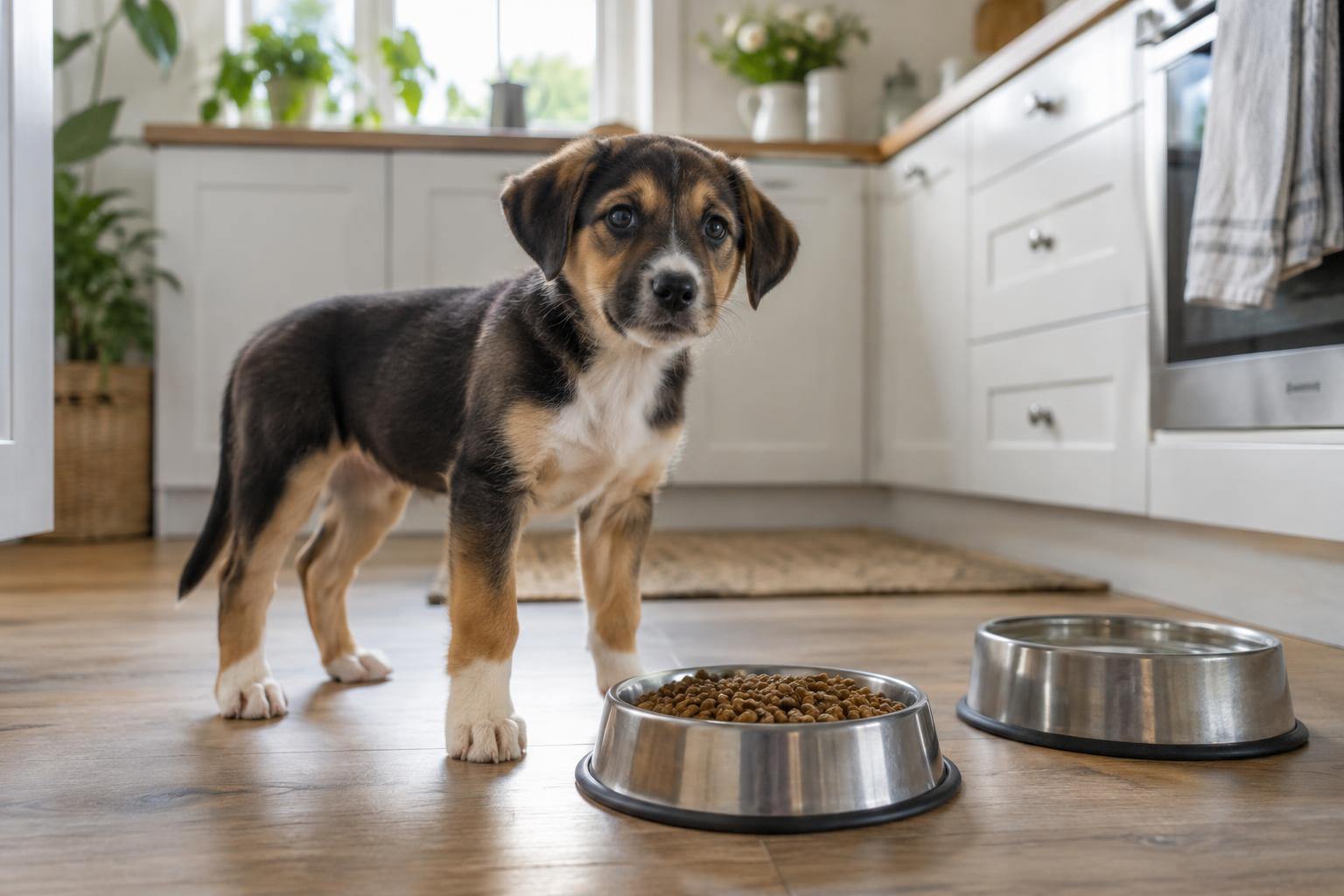 Young puppy beside a measured meal and a separate bowl of fresh water