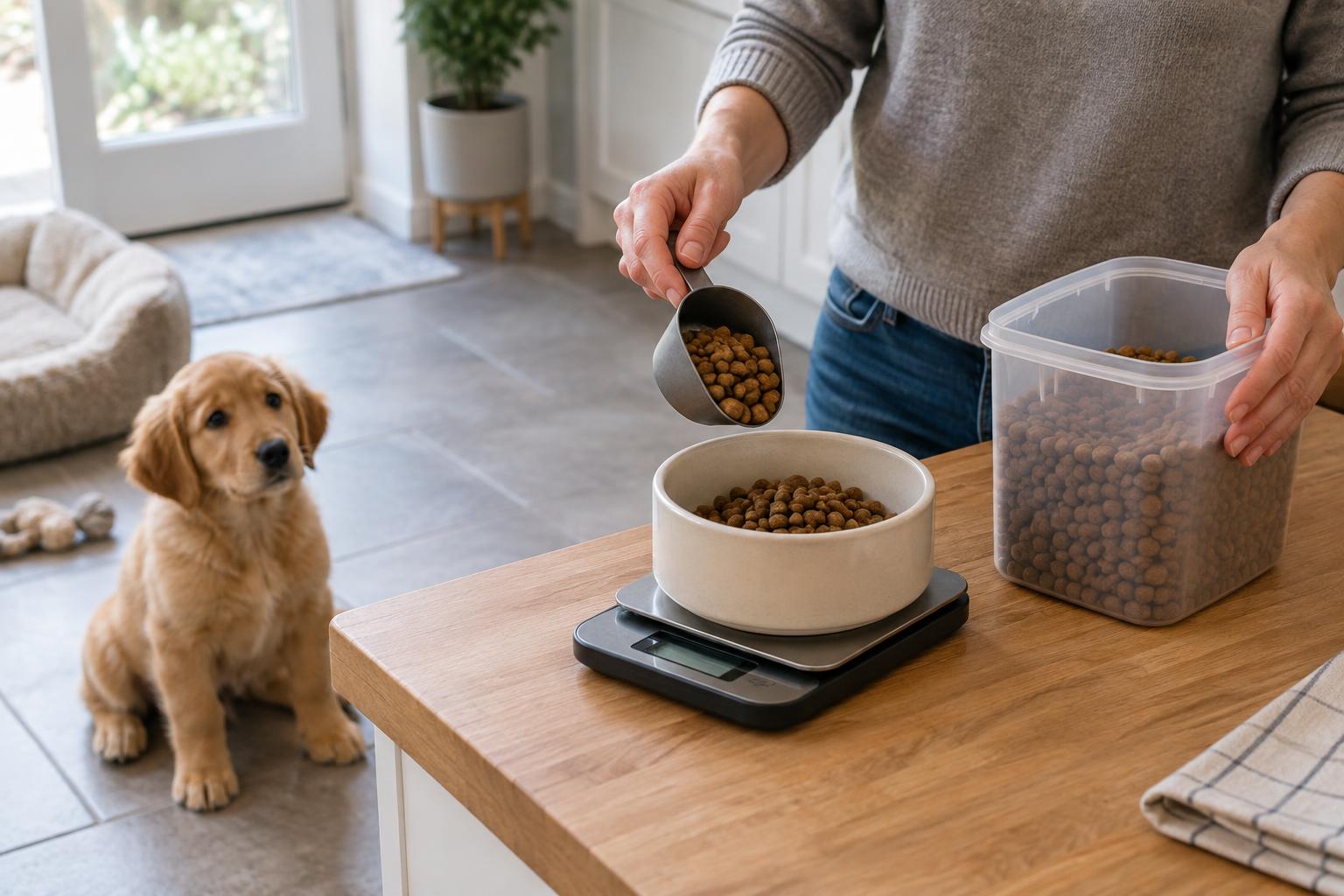 Puppy food being weighed into a bowl using kitchen scales