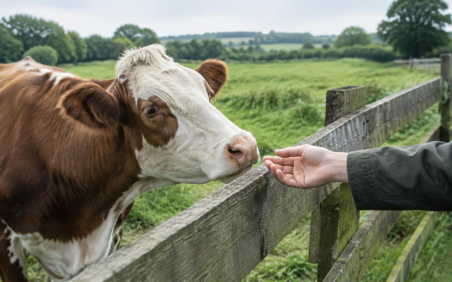 A calm cow approaching an outstretched hand across a field fence