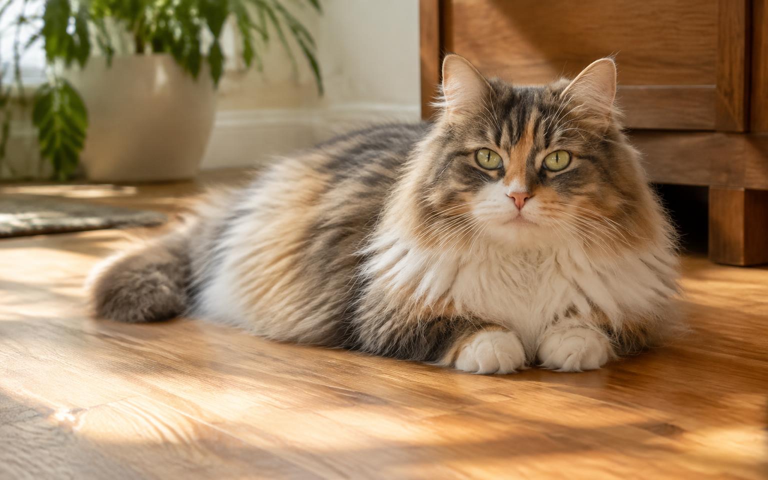 Longhaired cat with a full plush coat resting indoors