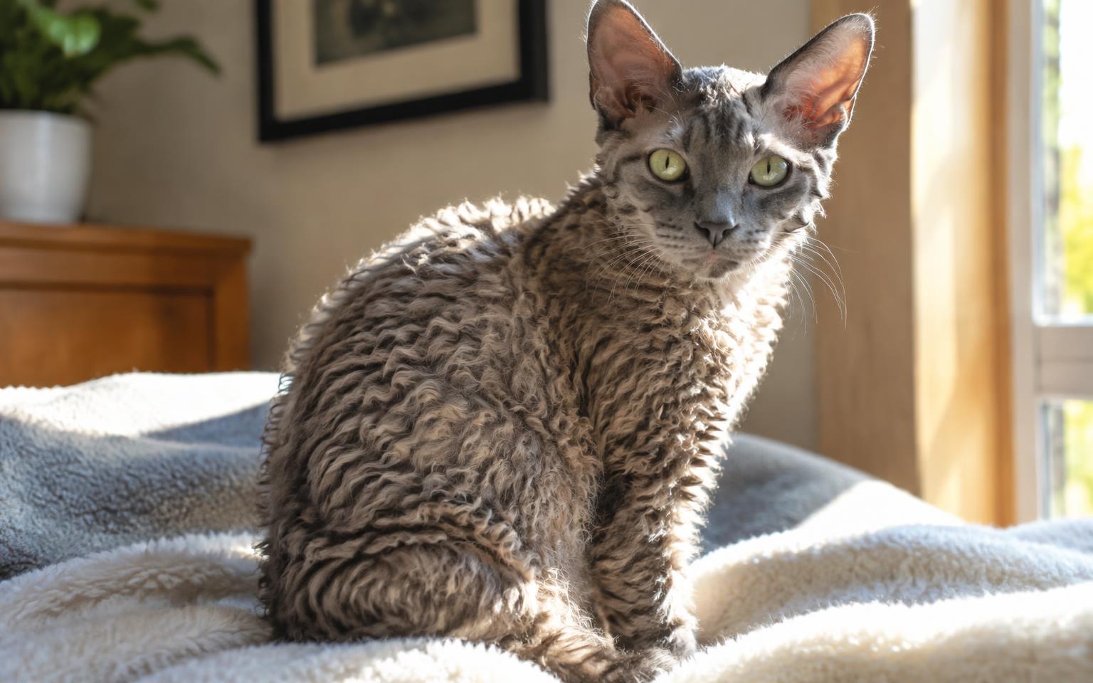 Curly-coated rex cat sitting on a blanket