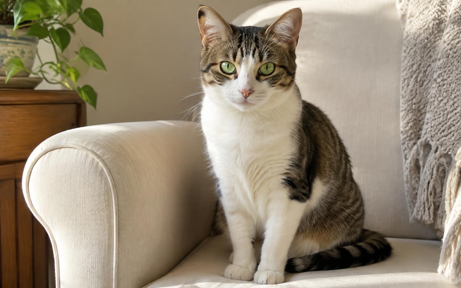 Shorthaired domestic cat sitting on a cream armchair