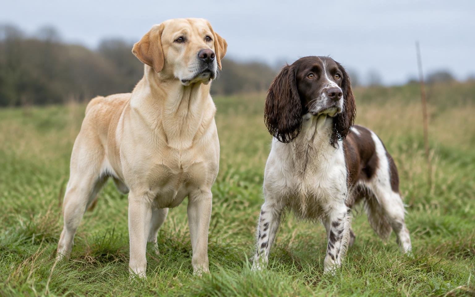 Gundog breeds standing alert in a grassy field