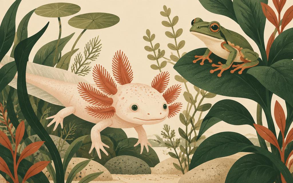 Illustration of an axolotl and a tree frog among aquatic plants