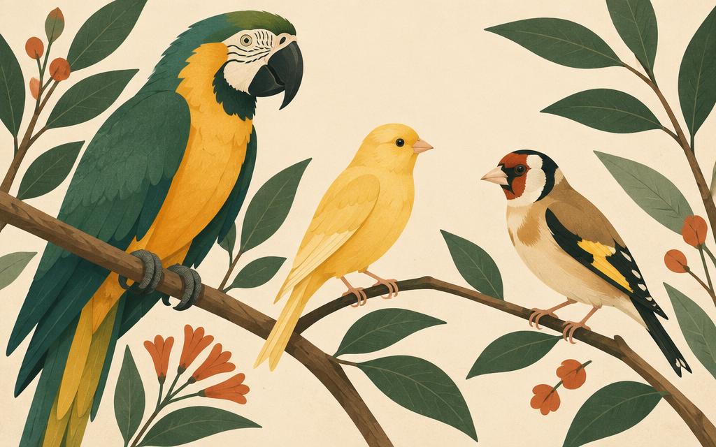 Illustration of a macaw, a canary and a goldfinch perched on branches