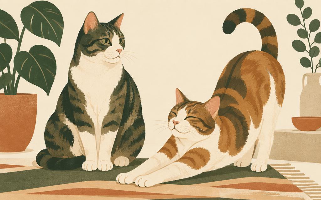 Illustration of two domestic cats, one sitting upright and one stretching