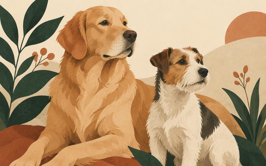 Illustration of a golden retriever and a wire-haired terrier sitting together