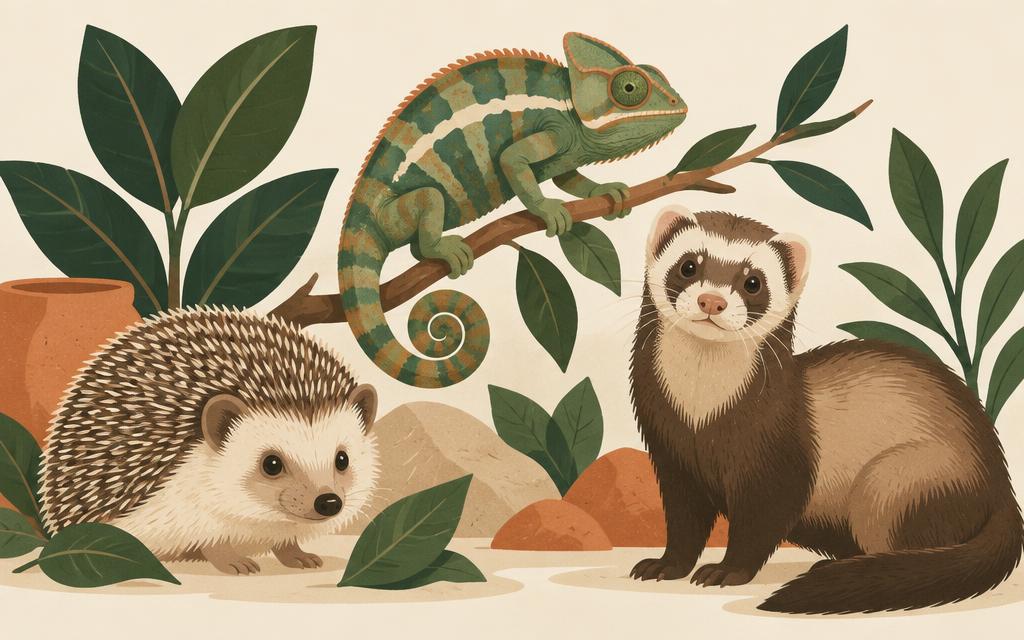 Illustration of a hedgehog, a chameleon and a ferret