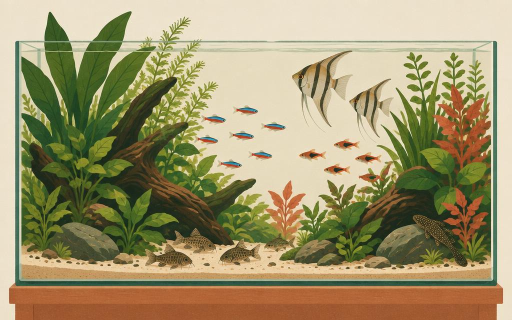Illustration of a planted freshwater aquarium with angelfish and tetras