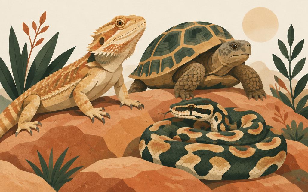 Illustration of a bearded dragon, a tortoise and a coiled python on warm rocks