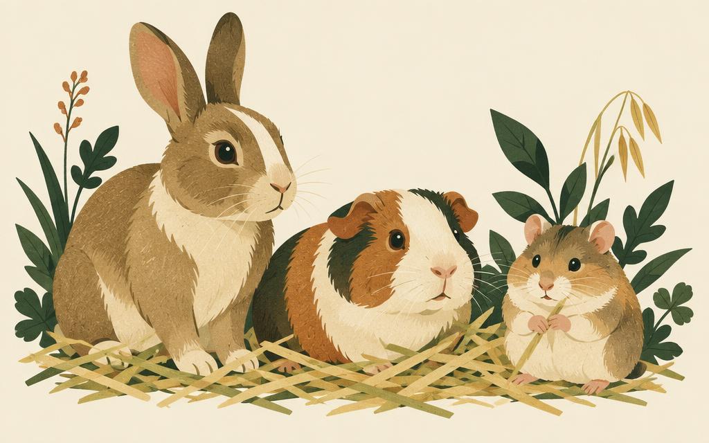 Illustration of a rabbit, a guinea pig and a hamster among hay