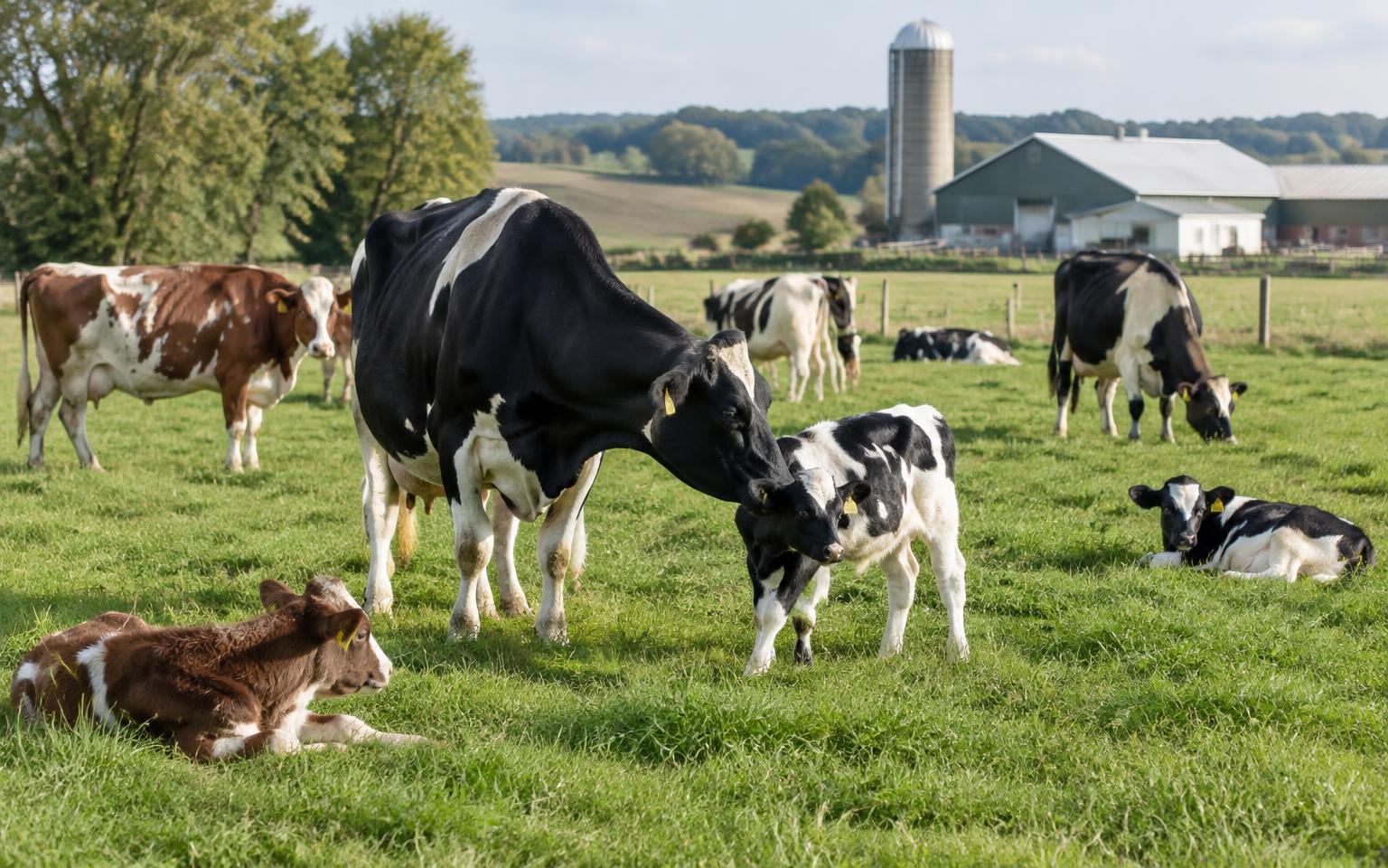 Cows and calves together on pasture near a working farm