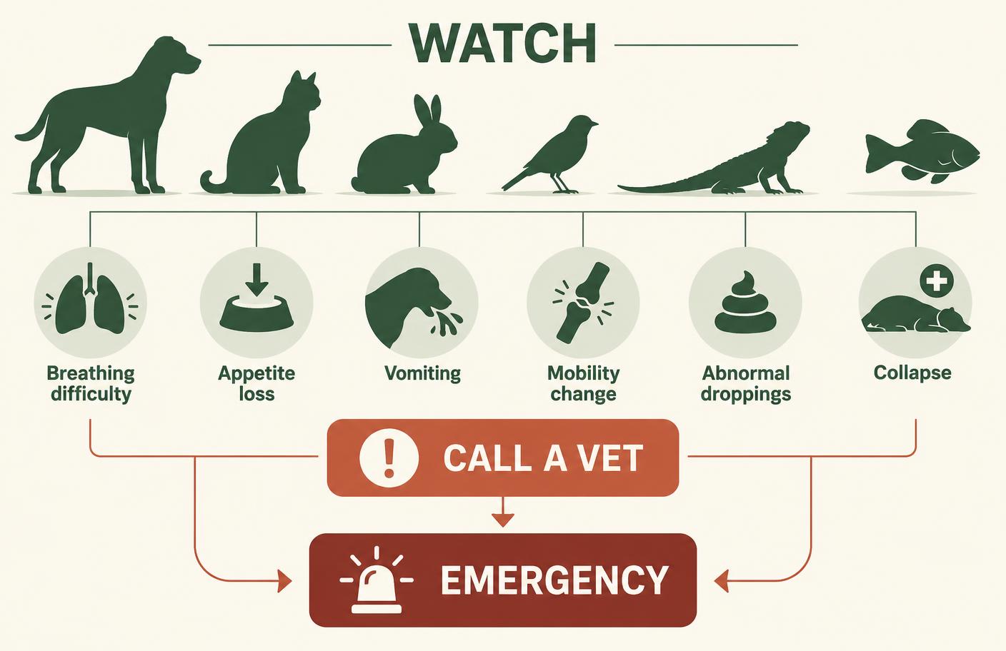 Visual guide to warning signs including breathing difficulty, appetite loss, vomiting, mobility change, abnormal droppings and collapse