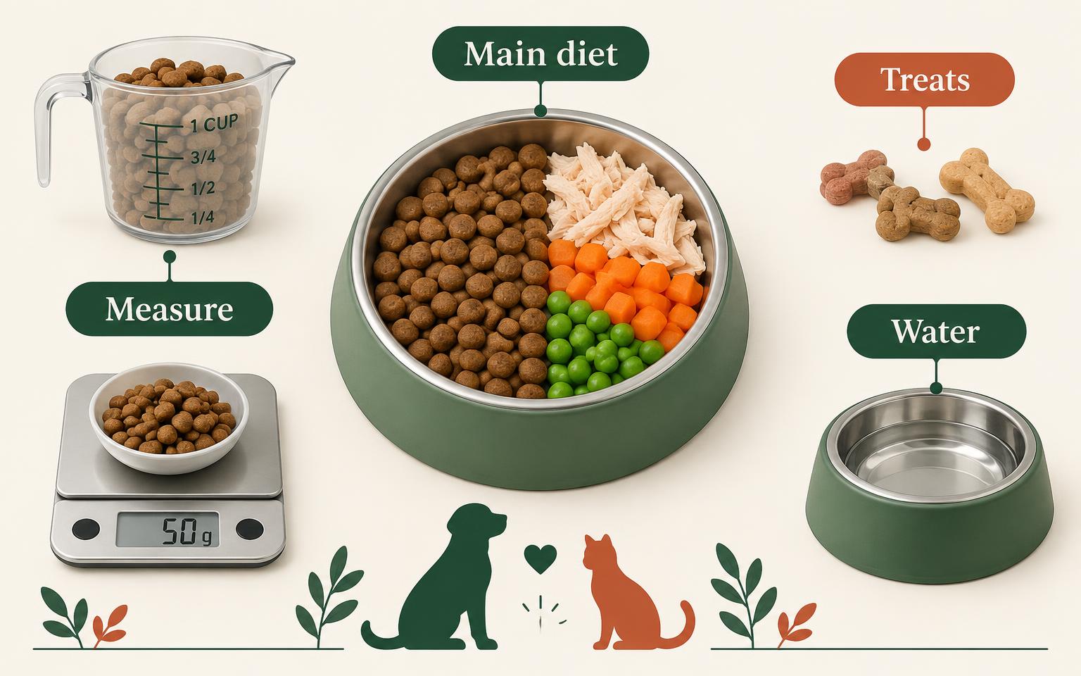 Pet feeding setup with measured main diet, treats and fresh water
