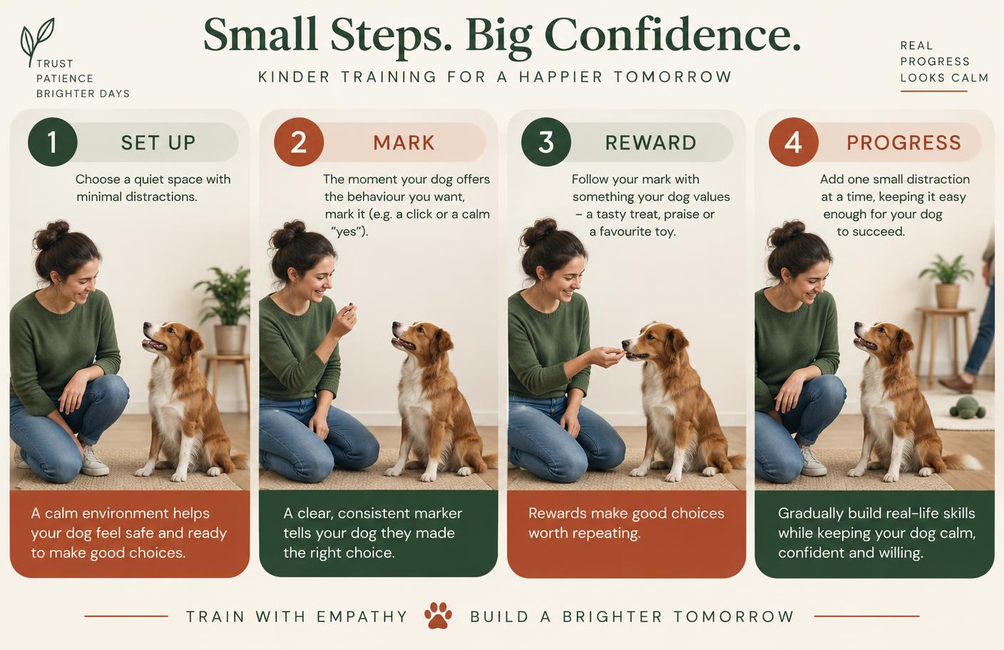 Four-stage reward-based training progression: set up, mark, reward and progress