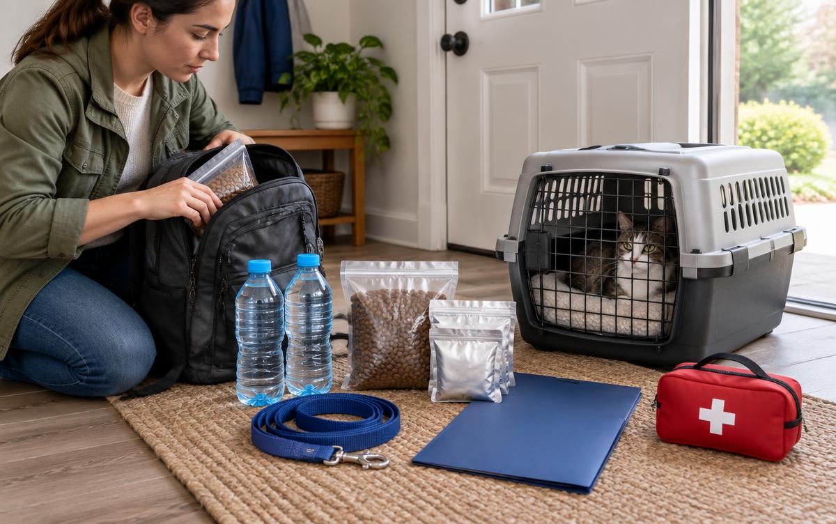 Cat carrier, water, food and an emergency bag by a house exit