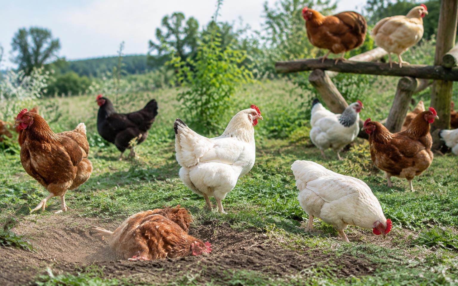 Chickens foraging, perching and dust bathing outdoors