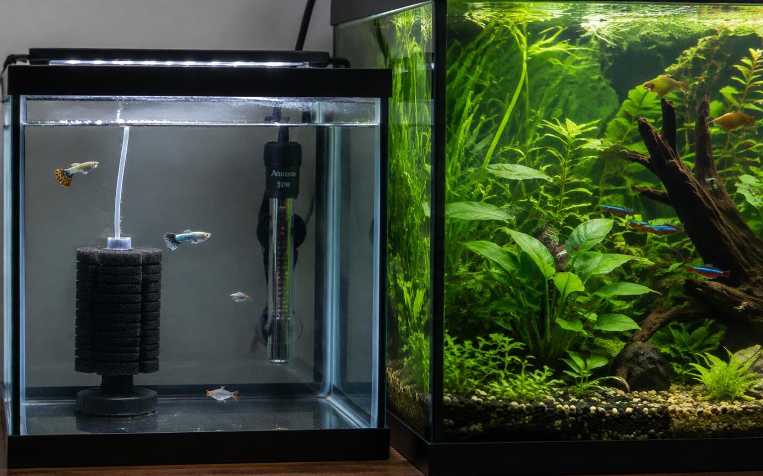 Bare quarantine tank with sponge filter beside a planted aquarium