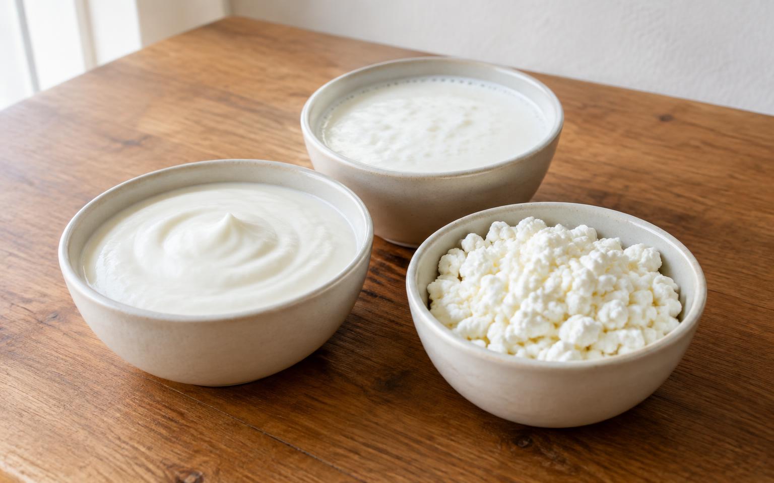 Bowls of plain yogurt, kefir and cottage cheese