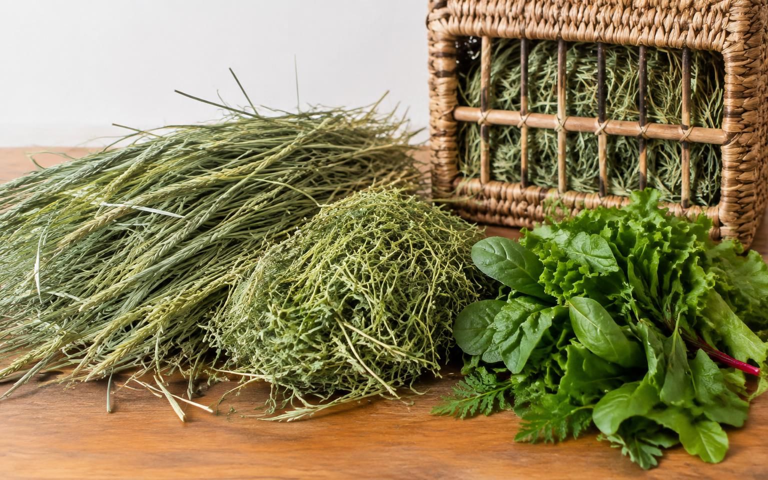 Timothy hay, alfalfa and fresh leafy greens beside a hay rack
