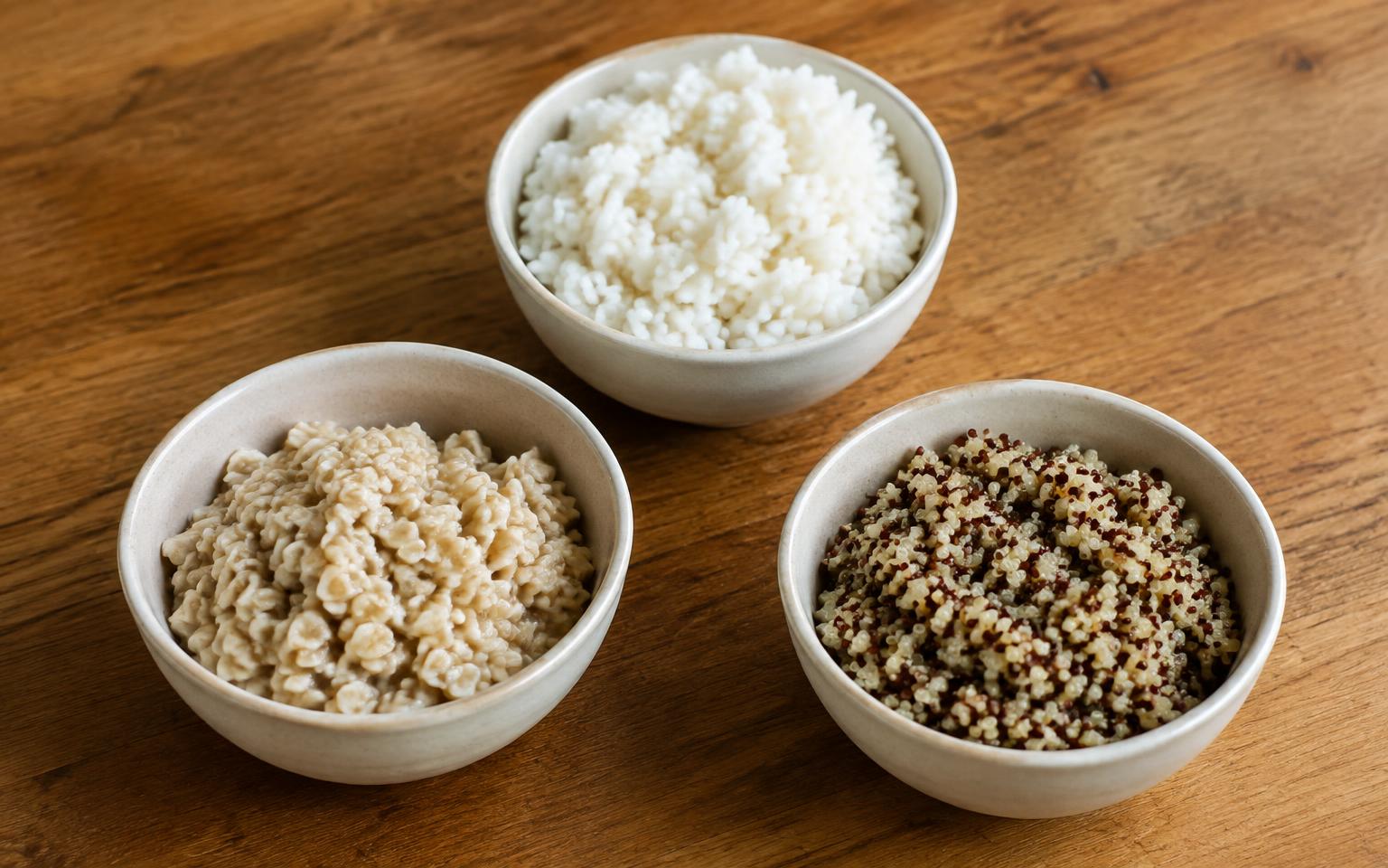 Bowls of plain cooked rice, oats and quinoa
